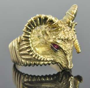   Vintage 14K Yellow Gold Ruby Large Ram Head 3D Animal Ring 10 Heavy