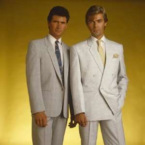  Retro Male Duo in Gray Suits, 1980s, Double Breasted 