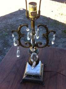 Vintage Antique Brass Ornate Marble Crystal Prisms Table Lamp  