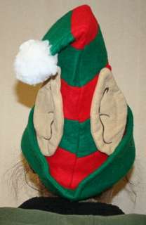 Red and Green Striped Elf Hat with Ears and Pom Pom. Hat is fully 