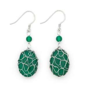 Wire wrapped Lace Green Oval Agate Dangle Earrings in Sterling Silver