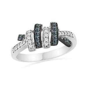 10KT White Gold Blue And White Round Diamond Twisted Fashion Ring (1/5 