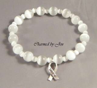 New LUNG CANCER Awareness Cats Eye Stretch Bracelet w/ HOPE Ribbon 
