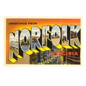  Greetings from Norfolk, Virginia Giclee Poster Print 