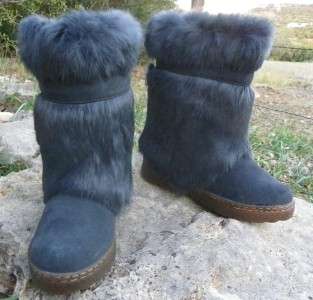   SONJO II Rabbit FUR EXOTIC Winter ApresSki Mukluk Boots Charcoal NIB