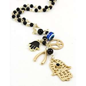   Desinger Inspired Gold with Evil Eye and Hamsa Symbol Necklace Black