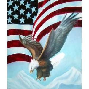  Bald Eagle Flying by American Flag Oil Painting 24 x 20 