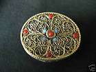 Oval Silver Filigree Dresser Box w Coral & Turqoise