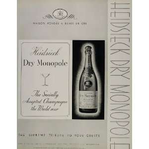  1934 Ad Heidsieck Dry Monopole Champagne Bottle Glass 