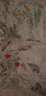 G695Chinese Scroll Painting of Flower&Bird by Bian Lu  