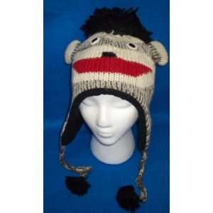 Sock Monkey Animal Hat Warm Wool Fleece Winter Ski Cap Ear Flaps New 