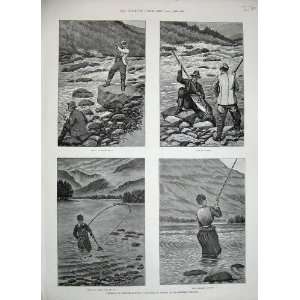  1888 Fishing Norway Men River Trout Angler Sport Art
