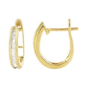   Yellow Gold 0.25CT Baguette Diamond 3mm x 13mm Hoop Earrings Jewelry