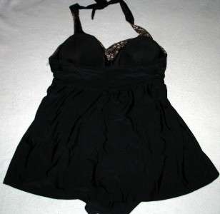   Swim Dress w/ Skirt Bottom Swimsuit size 24W Black/Brown Halter  