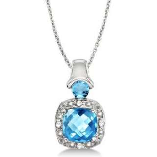 16ct Real Blue Topaz & Diamond Accented Pendant Necklace 14k White 