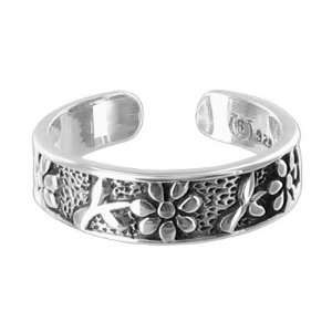  Sterling Silver Polish Finish 5mm Wide Flowers Toe Rings Jewelry