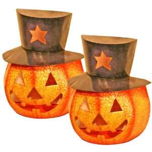   Halloween Set of Two Metal Pumpkins with Hats 20 Tall