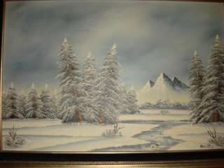 Vintage Large Oil Painting Barrister Snow Mountain Tree  