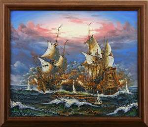 Old World Ship Sea Battle Boat Art FRAMED OIL PAINTING  