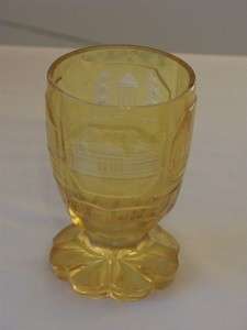 GERMAN ANTIQUE OVERLAID ETCHED YELLOW GLASS BEAKER CUP  