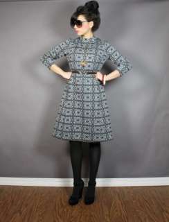 vintage 60s Mod Abstract Print A LINE Fitted Beatnik Dress M L  