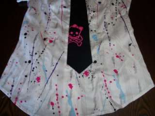 pink skull tie paint splat Abbey Dawn button shirt Sz S  
