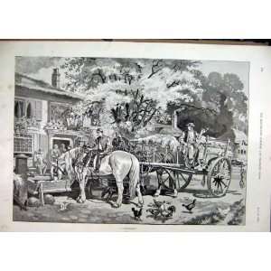  1892 Horse Cart Drinking Chickens Village Scene Hay