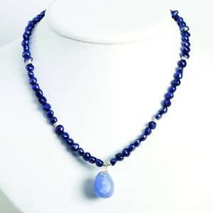  Sterling Silver Blue Agate/Dark Blue Cultured Pearl 