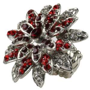  Flower Covered in Dark Red Rhinestones Stretch Bling Ring Jewelry