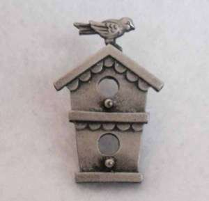 Vintage JJ Birdhouse Antique Silver Tone Brooch Pin  