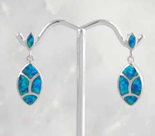 Sterling Silver Blue Opal Inlay Leaf Post Earrings 925  