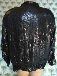 Black Sequin Vintage 80s Blouse & Trophy Jacket Lot Slouchy Silk Glam 