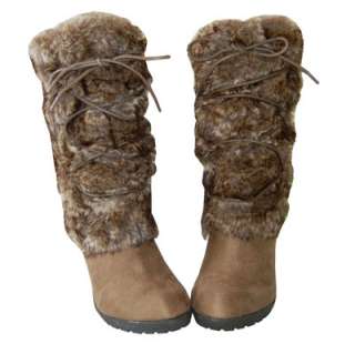   Fashion Faux Fur Shaft Lace Up Suede Mid Calf Wedge Boots Light Taupe
