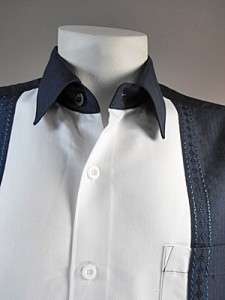   CUBAVERA L/G SS Dark Blue/White Rayon Blend TRIM FIT Shirt Free S/H
