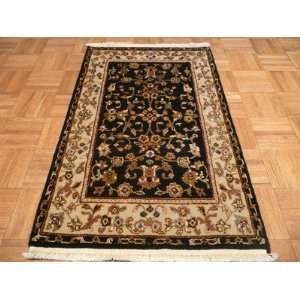  HAND KNOTTED BLACK AGRA ORIENTAL RUG WITH SILK 