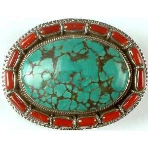  Turquoise & Coral Belt Buckle   Sterling Silver 