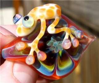 FROG ON FLOWER LAMPWORK PENDANT FOCAL BEAD GLASS HAND MADE AMERICAN 
