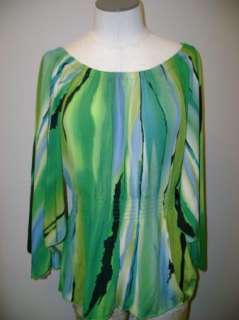 by Marc Bouwer Printed Blouse with Smocked Waist L Multi Green NWOT 