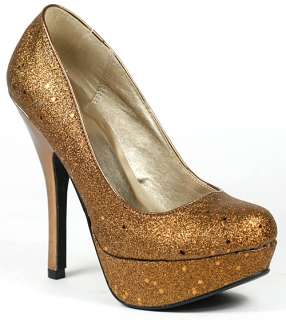 Bronze Glitter High Heel Round Toe Platform Pump  