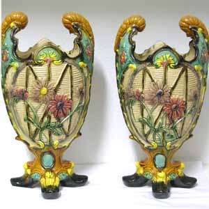 Pair of Brothers Urbach Majolica Vases c1870  
