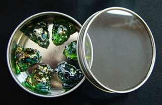 NEW Hand Blown Glass Green Frog Magnets Set of 6 with Tin Box  