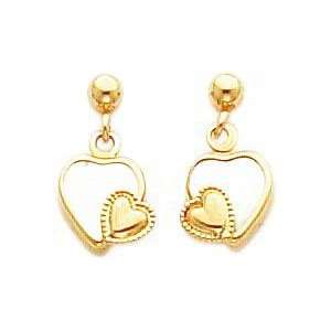  14K Gold Mother of Pearl Heart Dangle Earrings New 