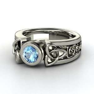    Celtic Sun Ring, Round Blue Topaz 14K White Gold Ring Jewelry