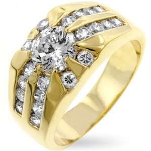  Rising Sun Mens Ring   Gold Plated with Round, Clear CZ 