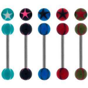 Green and Red Star and 316L Surgical Steel Barbells   14G (1.6mm)   5 