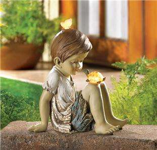 COUNTRY BOY w/ TURTLE & Butterfly SOLAR Light Wood Carving look Garden 