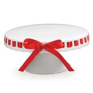 White Porcelain Pedestal Cake Stand/Plate With Red Ribbon Beautiful 