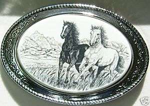 Belt Buckle Barlow Scrimshaw Stallions Silver Horse NIB 617414140910 