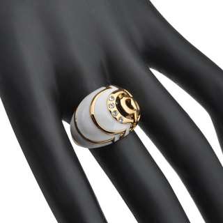18K GP Gold tone Finger Ring,Swarovski Crystal White Enamel Oval Size 