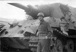 Photo WW2 US Soldier Standing by Captured German Tank  